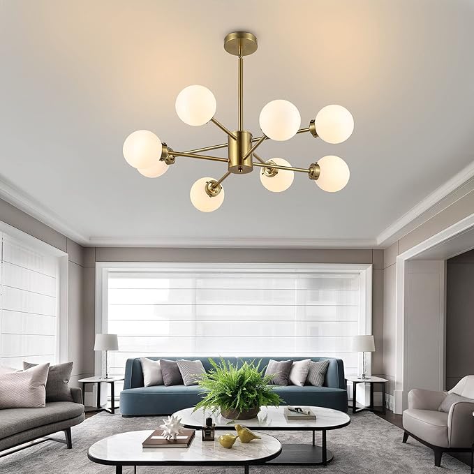 WINGBO 8-Light Sputnik Chandelier, Modern Pendant Light Fixture with 4.7" Opal White Glass Globe Shade for Flat and Slop Ceiling, Height Adjustable for Kitchen Living Room Dining Room Bedroom, Gold