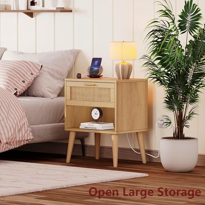 Irontar 17.7'' Wide Rattan Nightstand Set of 2, Bedroom Night Stand with Charging Station & Drawers, Boho Bed Side Table with Solid Legs, Accent End Side Table with Open Shlef, Natural