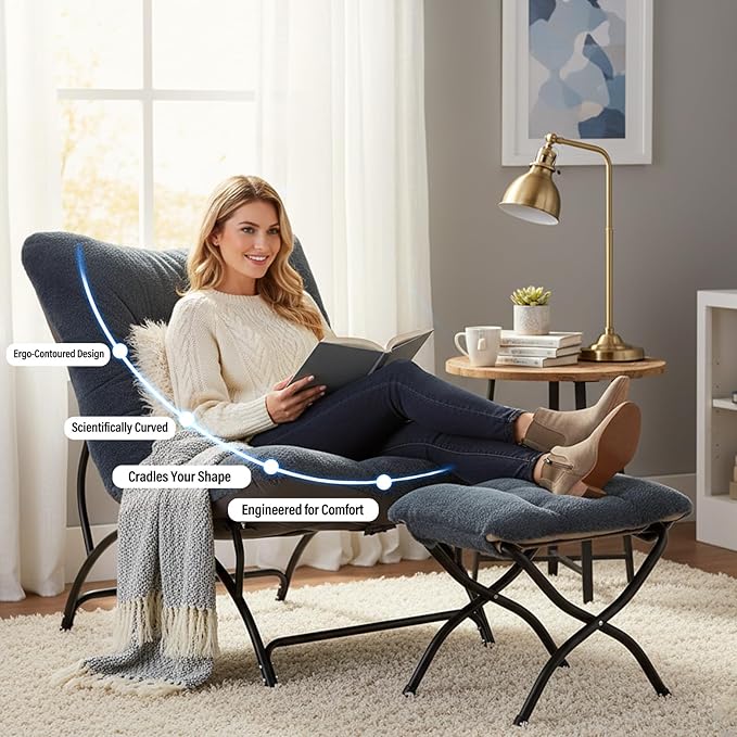Tiita Accent Lazy Chair with Ottoman, Comfy Lounge Chair with Metal Frame and Plush Fabric, Thick Cushion Seated Cozy Recliner Chair for Reading Room, Living Room, Bedroom, Office, Dark Gray