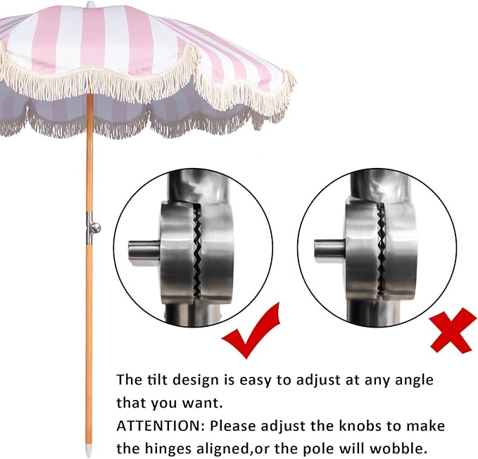 6.5ft Boho Beach Umbrella with Fringe, UPF 50+ Tassel Umbrellas with Carry Bag, Premium Wood Pole Foldable Patio Umbrella for Outdoor Holiday Garden Lawn Pool Yard Table