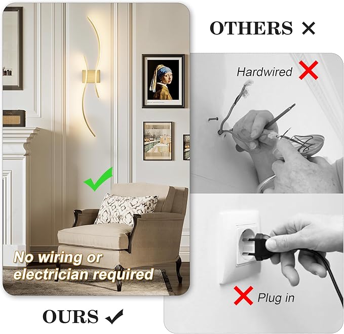 Battery Operated Wall Sconces Set of Two with Remote Control, Battery Wall Light, Stepless Colors 3000K-6000K & Dimming, Brass Rechargeable Wall Sconces for Living Room, Hallway, Bedroom, 39.3 Inch