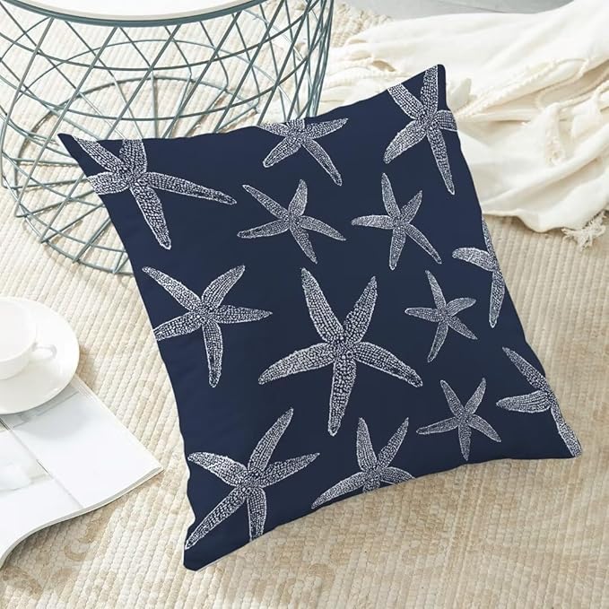 BETGINY Coastal Throw Pillow Cover 18X18 Inch Pack of 2,Summer Nautical Navy Blue Starfish Decorative Pillow Covers Square Linen Beach Ocean Pillow Cases Cushion for Bedroom Home Sofa Decor