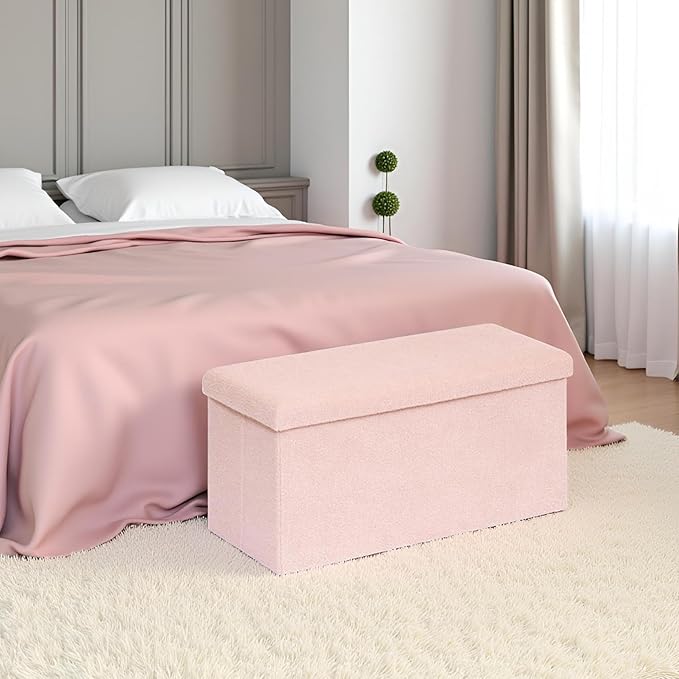 30 Inches Storage Ottoman Bench - Square Ottoman with Sherpa Top,Storage Bench for Bedroom 30" L x 15" W x 15" H - Pink