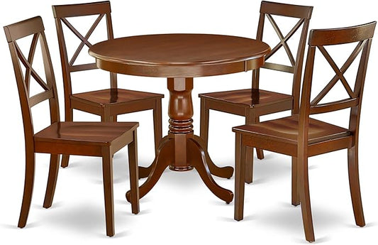 East West Furniture ANBO5-MAH-W 5 Piece Dinette Set for 4 Includes a Round Kitchen Table with Pedestal and 4 Dining Room Chairs, 36x36 Inch, Mahogany