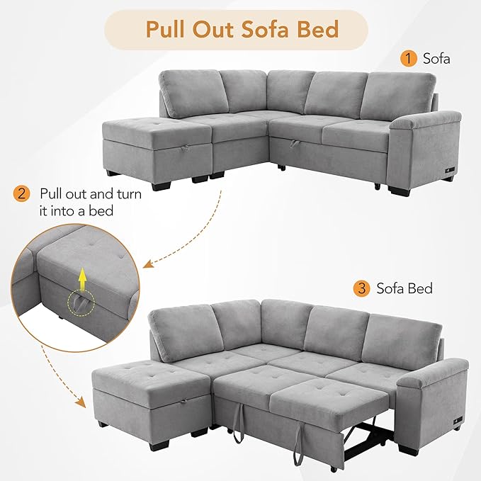 Merax Sofa Bed Sleeper Couch L Shaped Sofa with Storage Ottoman, L-Shape Sectional Couch with Comfortable backrest for Living Room and Small Apartment (Gray)