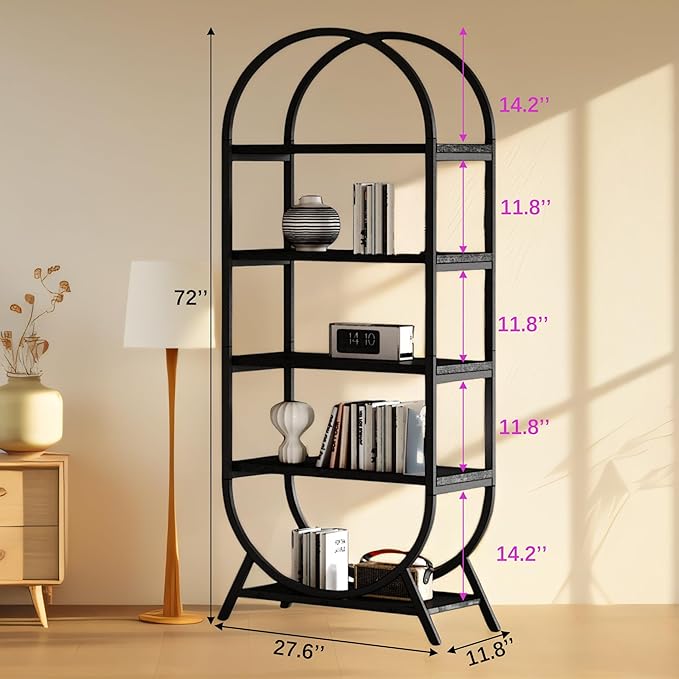 Arched Bookshelf,5-Tier Tall Wide Open Bookshelf,Modern Brown Storage Bookshelves, Freestanding Display Rack Shelving Unit for Office, Bedroom, Living Room, Easy Assembly, Black