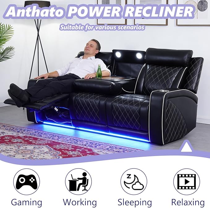 Power Recliner Sofa Set, Breathing Leather Reclining Couch Set, Home Theater Recliner Couches with Cup Holders/Charging/LED Lights, Living Room Furniture with 4 Reclining Seats, 3+1+1, Black