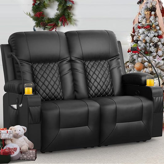 FURNIMAT Loveseat Recliner Sofa, 2 Seater Reclining Loveseat sofa, PU Leather RV Loveseat Couch, FSC Certified Recliner Chair for Living Room, with Cup Holder and 2 Cell Phone Holder, USB Ports, Black