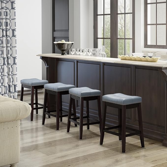 COSTWAY Bar Stools Set of 2, 24-Inch Height Backless Counter Stool with Footrest, Soft Seat Cushion, Wood Legs and Non-Slip Foot Pad, Saddle Stools for Home Kitchen Living Room, Stone Gray+Dark Brown