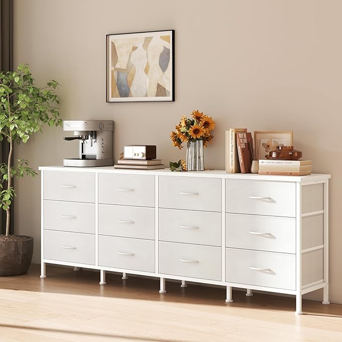 DUMOS TV Stand for Bedroom with Storage TV Stands for Living Room White, 12 Drawer Dresser Farmhouse Entertainment Center for up to 80 Inch TVs, Media Console Table with Metal Frame Adjustable Feet