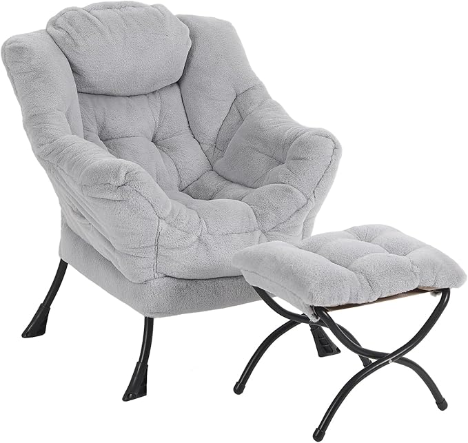 Lazy Chair with Ottoman, Modern Chair with Folding Footrest, Plush Grey Accent Chair, Comfortable Reading Chair, Oversized Armchairs for Bedroom, Study, Living Room, Courtyard