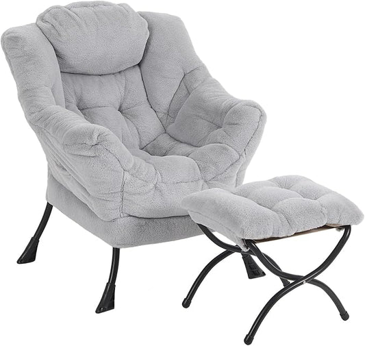 Lazy Chair with Ottoman, Modern Chair with Folding Footrest, Plush Grey Accent Chair, Comfortable Reading Chair, Oversized Armchairs for Bedroom, Study, Living Room, Courtyard