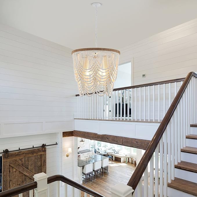 26” Boho Wood Beaded Chandelier Rustic Farmhouse Pendant Light 4-Lights Large Coastal Chandelier for Living Room Dining Room Foyer Entryway Bedroom, Oak White, E26, UL Listed
