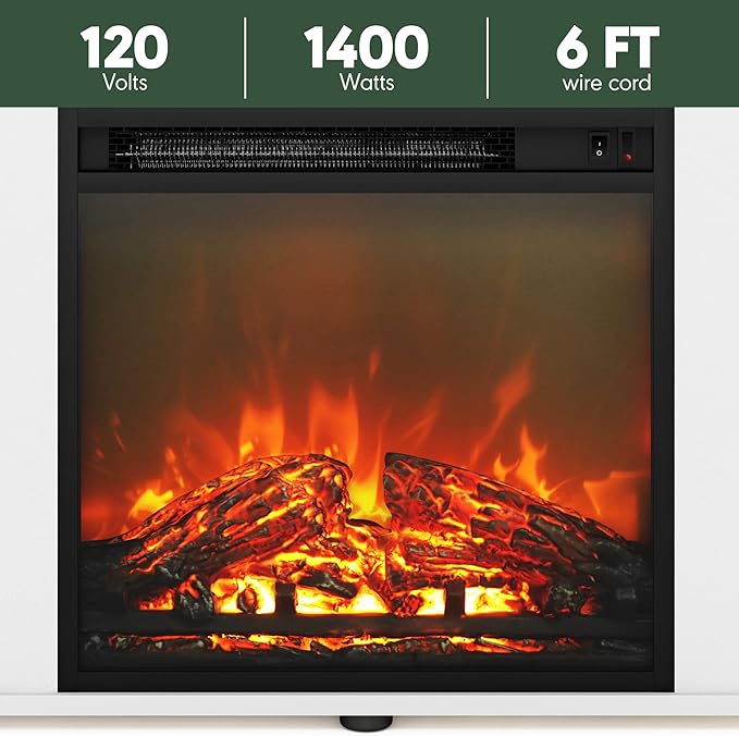 Furinno Classic 70 Inch TV Stand with Fireplace, White Emboss