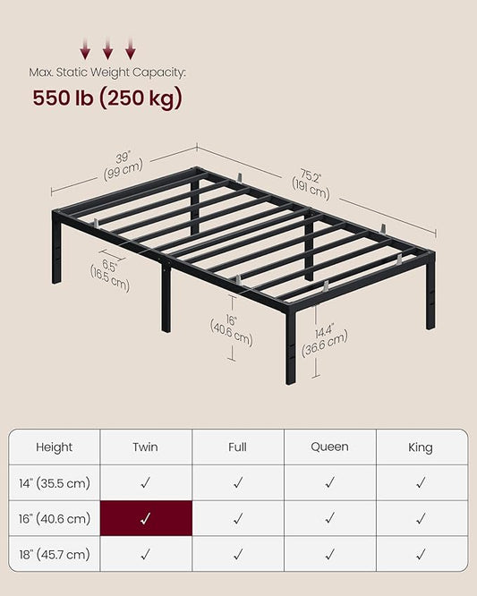 VASAGLE Twin Metal Bed Frame 16 Inches Tall, 550 lb Weight Capacity, No Box Spring Needed, with Under-Bed Storage, Easy Setup, Heavy-Duty Platform Bed, Mattress Retainers, Matte Black URMB663BD02S