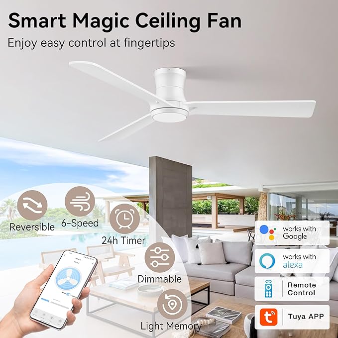 52inch Smart Ceiling Fans with Lights,Low Profile White Wood Ceiling Fans,Remote/APP/Alexa Control,Modern Flush Mount Ceiling fan,Outdoor Indoor for Bedroom Living room Patio,3 Blade,Dimmable,Quiet