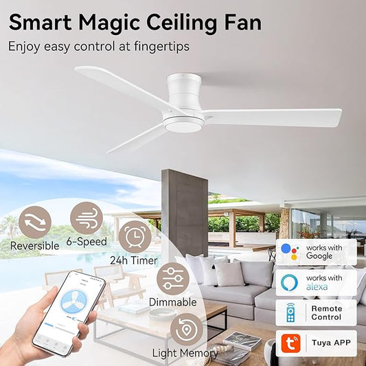 52inch Smart Ceiling Fans with Lights,Low Profile White Wood Ceiling Fans,Remote/APP/Alexa Control,Modern Flush Mount Ceiling fan,Outdoor Indoor for Bedroom Living room Patio,3 Blade,Dimmable,Quiet