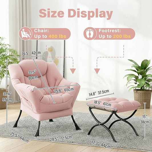Lazy Chair and Ottoman, Large Accent Pink Velvet Chair with Side Pocket, Modern Leisure Upholstered Sofa Reading Armchair with Footrest for Office, Bedroom, Living Room, Dorm, Balcony