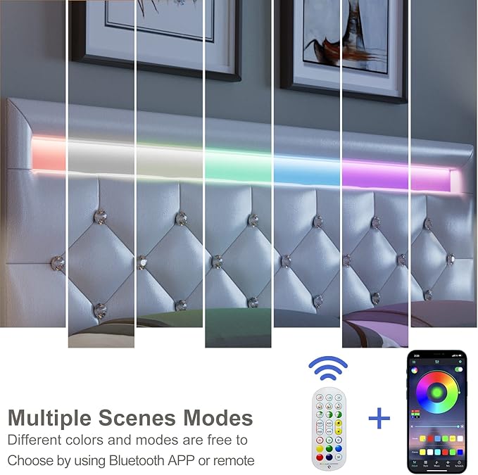 Keyluv Modern Upholstered Queen Bed Frame with LED Lights, Faux Leather Low Profile Platform Bed Frame, Adjustable Crystal Button Tufted Headboard, Strong Wood Slat Support, Easy Assembly, White