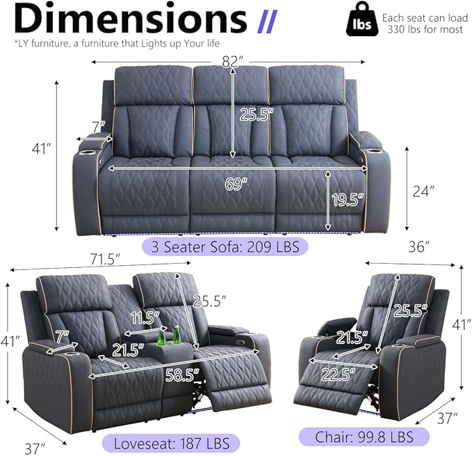 Power Leather Recliner Sofa Chair, Living Room Furniture Sets, Sanded Leather Reclining Couch Chair, Single Recliner with Arm Storage/Cup Holder/Charging Port for Home Theater/Office,Blue Grey
