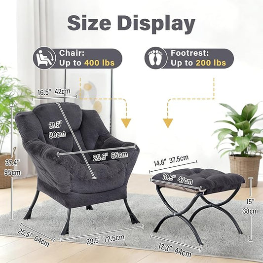 Plush Lazy Chair and Ottoman, Large Dark Grey Contemporary Accent Chair with Side Pocket, Modern Leisure Upholstered Reading Armchair with Footrest for Office, Bedroom, Living Room, Balcony