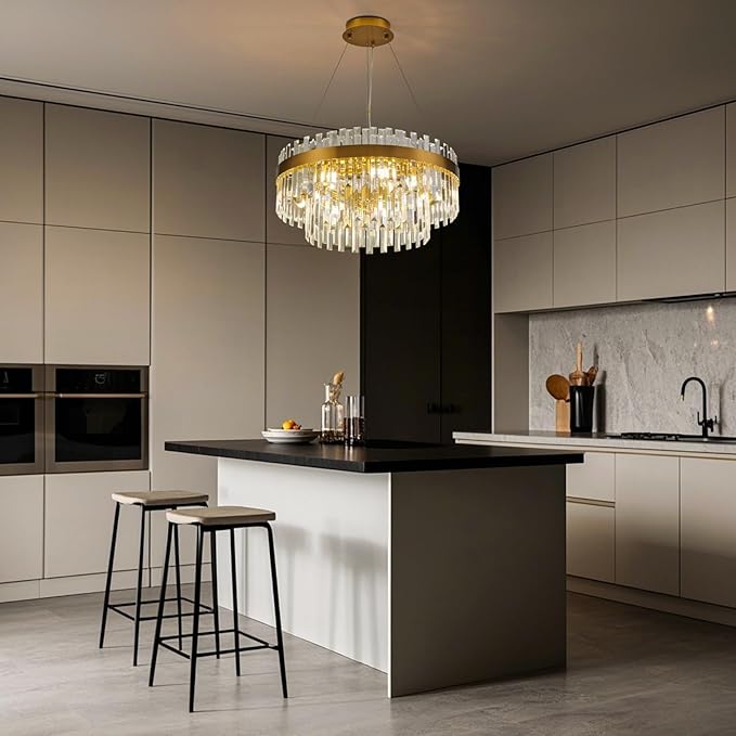 Modern Luxury Brushed Brass Gold Crystal Chandelier, 6-Light 2-Tier Raindrop Round Pendant Ceiling Light for Dining Room,Kitchen Island,Foyer,Bedroom,Entryway - 19.7" D,E12 Base