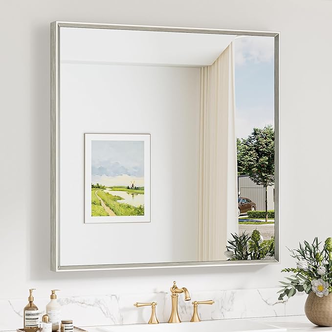 Keonjinn 36 x 36 Inch Brushed Nickel Bathroom Mirrors for Over Sink, Beveled Rectangle Framed Mirror for Wall, Farmhouse Bathroom Vanity Mirror, Square Corner, Tempered Glass