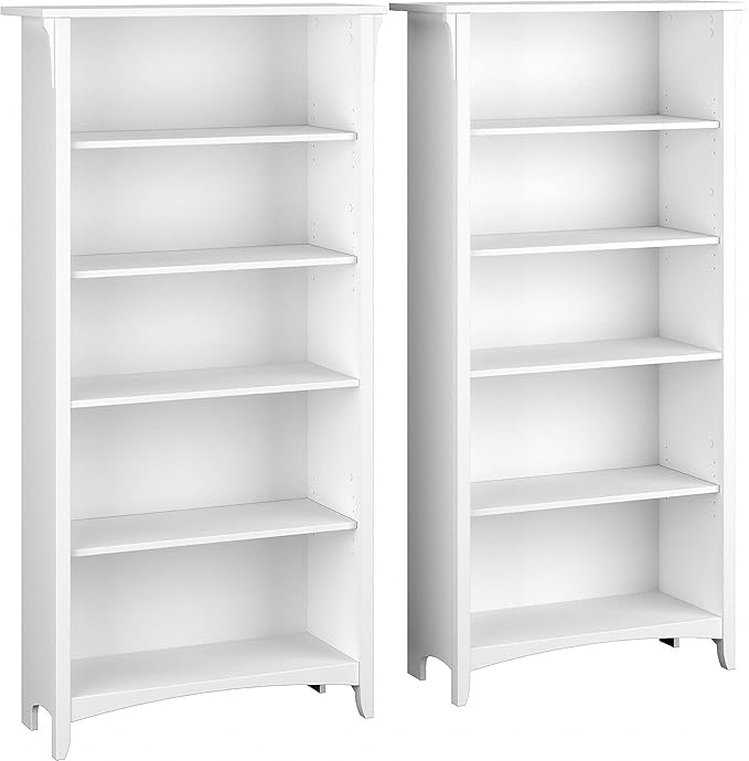 Bush Home Salinas Tall 5 Shelf Bookcase - Set of 2 in Shiplap Gray and Pure White, Vertical Office Storage, Bookshelves for Home Workspace, Multi-Purpose Shelving Units