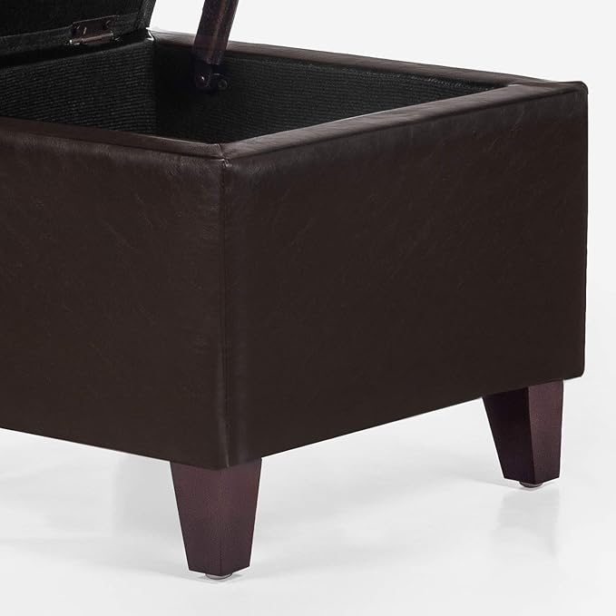 Adeco 18-inch Square Storage Ottoman, Modern Faux Leather Tufted Footrest Stool with Flip Top, Upholstered Accent Bench for Living Room & Bedroom, Chocolate Brown