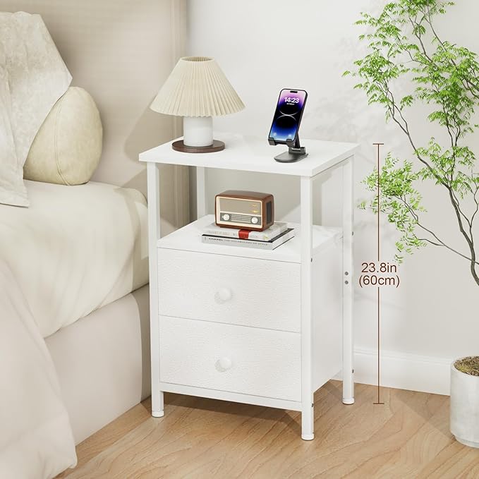 Night Stand for Bedroom, Nightstand with 2 Fabric Drawers, Small Bed Side Table Table with Open Storage Shelf for Living Room, White, HETS002WP-1