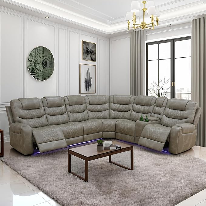 Power Reclining Sectional Sofa Set with LED Lights, Vegan Leather Grey Recliner Sectional Couch for Living Room Furniture Sets, USB Charging/Storage Console/Cup Holders,Grey