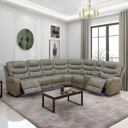 Power Reclining Sectional Sofa Set with LED Lights, Vegan Leather Grey Recliner Sectional Couch for Living Room Furniture Sets, USB Charging/Storage Console/Cup Holders,Grey