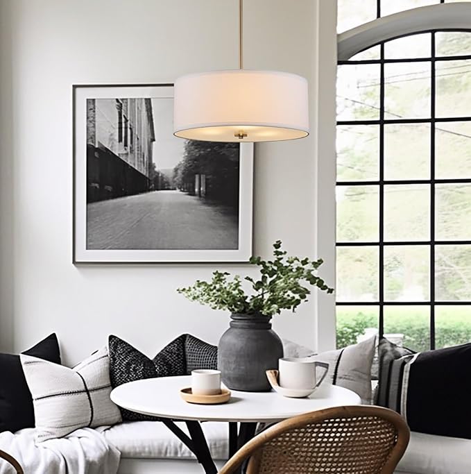 Kira Home Nolan 18" Classic 3-Light Drum Pendant Chandelier, White Fabric Shade + Round Glass Diffuser, Adjustable Height, Cool Brass Finish