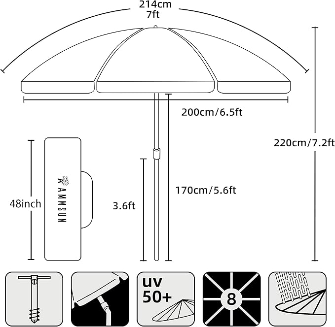 AMMSUN 7ft Heavy Duty Windproof Portable Beach Umbrella with Sand Anchor Vent Adjustable Height with Tilt Aluminum Pole, Portable UV 50+ Protection Carry Bag for Patio Garden Beach Pool Backyard