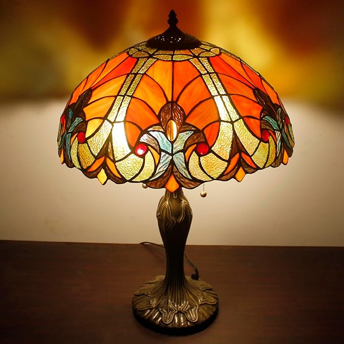WERFACTORY Tiffany Table Lamp Red Liaison Stained Glass Style Bedside Lamp 16X16X24 Inches Antique Desk Reading Light Metal Base Decor Bedroom Living Room Home Office S160R Series