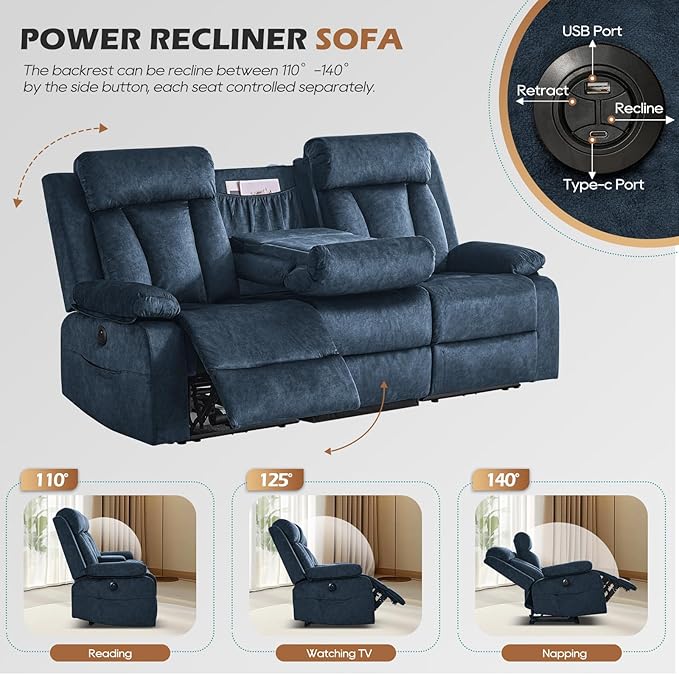Power Reclining Sofa with Heat and Massage, Electric Reclining Couch with Drop Down Table,Cup Holders, Dual Ports, Wall Hugger Recliner Sofa for Living Room,Home Theater (Blue, Sofa)