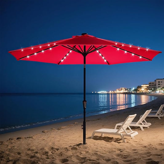 DUMOS 10 FT Outdoor Patio Umbrella with 32 LED Lights, UV-Resistant Outdoor Table Umbrella with Tilt and Crank for Backyard, Deck, Garden and Beach, Red