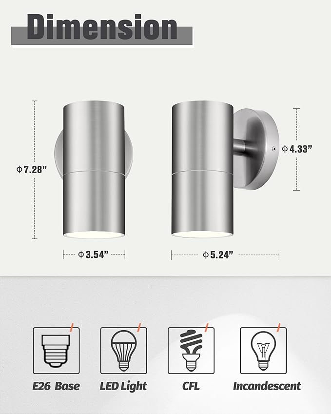 Ken & Ricky Stainless Steel Outdoor Wall Lights, Modern Porch Light, Cylinder Wall Lights Exterior, Brushed Nickel Outdoor Wall Sconce, KR3309-SS-1PK