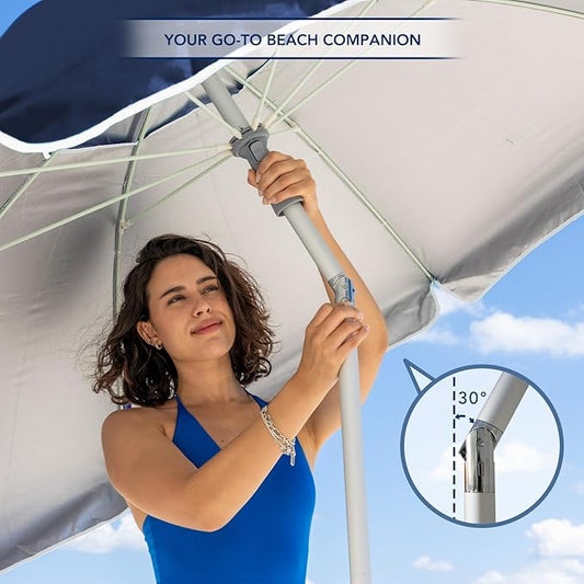 AMMSUN 7ft Beach Umbrella with Sand Anchor Sand Screw, Tilt, Windproof, Sun Protection,UPF 50+ Silver Coating Inside and Telescoping Pole for Outdoor Patio (Solid Navy)