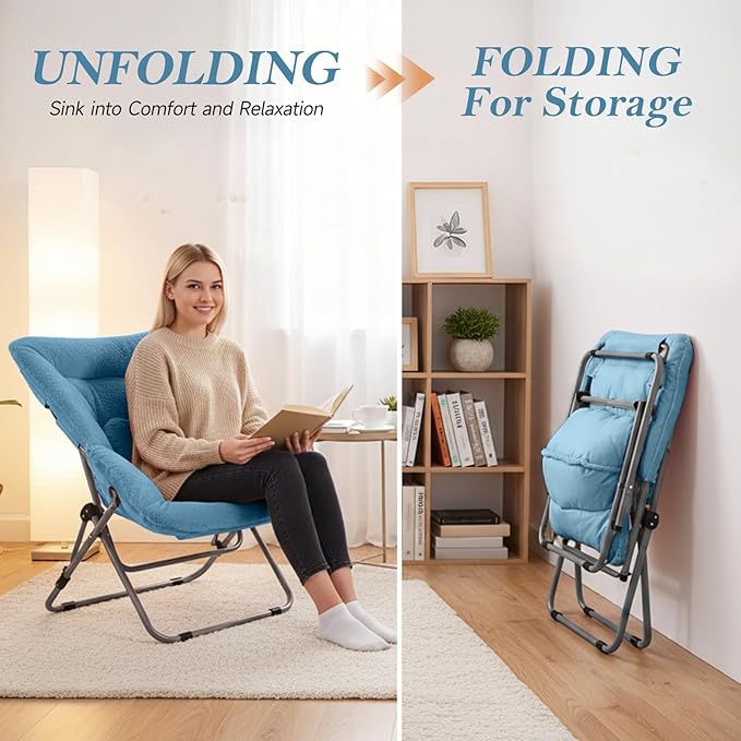 Saucer Chair With Ottoman - Oversized Folding Faux Fur, X-Large Soft Dorm, Foldable Metal Frame for Bedroom, Living Room, Study, Playroom (Blue)