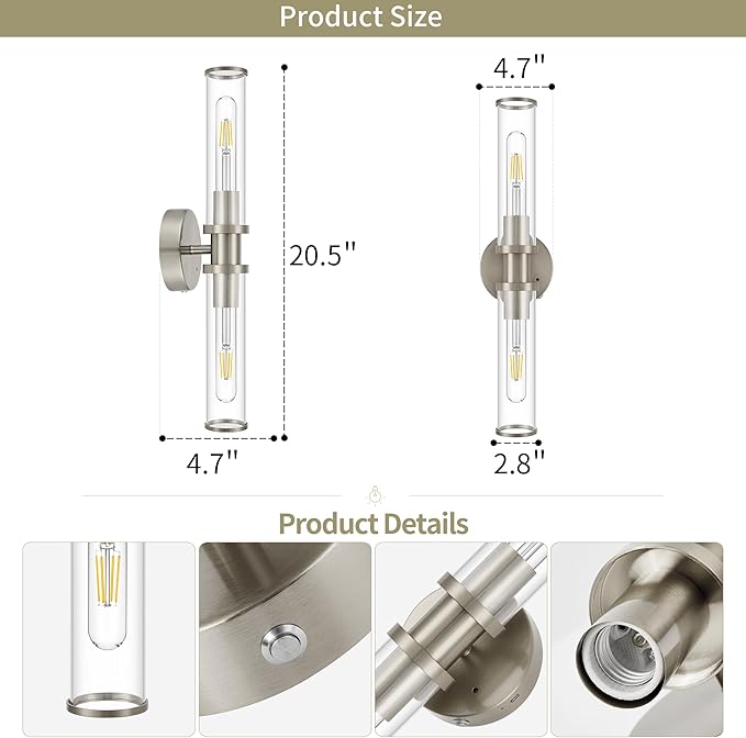 Rechargeable Battery Wall Sconce with Remote Control, Nickel Wireless Wall Lights, Easy Install Dimmable Battery Sconces Wall Decor Set of 2 for Living Room Bedroom Hallway Entryway Stairwell, 3000K