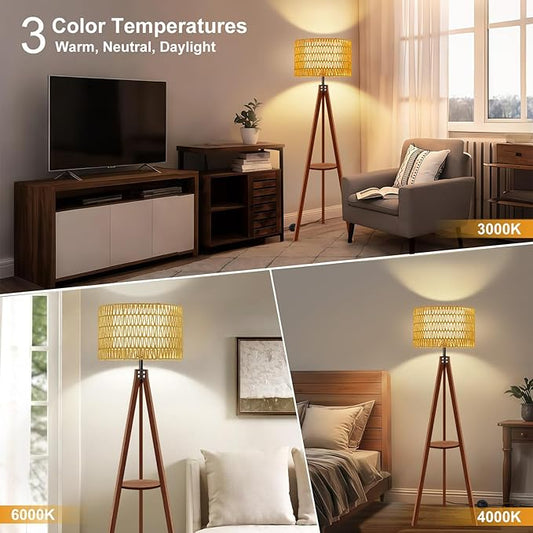 Boho Rattan Floor Lamp with Shelf & Bulb Included, Wicker Tripod Floor Lamp 3 Color Temperatures, Wood Rustic Tall Lamps with Foot Switch, Walnut Boho Standing Lamps for Living Room Bedroom