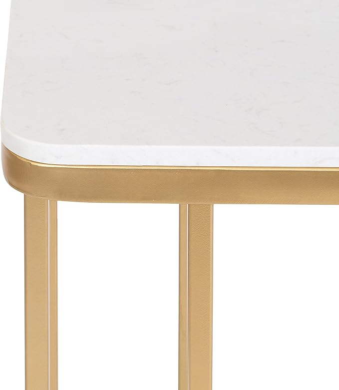 Kate and Laurel Credele Modern Glam Marble C-Table End Table; 12 x 19 x 27; White and Gold; Chic Contemporary TV Tray Table with Metal Legs And Cultured Marble Tabletop
