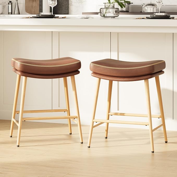 Bar Stools Set of 2, Counter Height Bar Stools with Thick PU Leather Saddle Seat & Sturdy Metal Frame Legs,Backless Bar Stools for Kitchen Island Dining Cafe,Brown