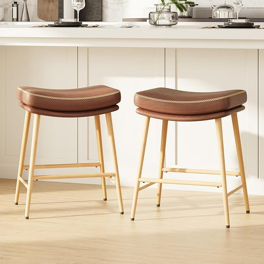 Bar Stools Set of 2, Counter Height Bar Stools with Thick PU Leather Saddle Seat & Sturdy Metal Frame Legs,Backless Bar Stools for Kitchen Island Dining Cafe,Brown