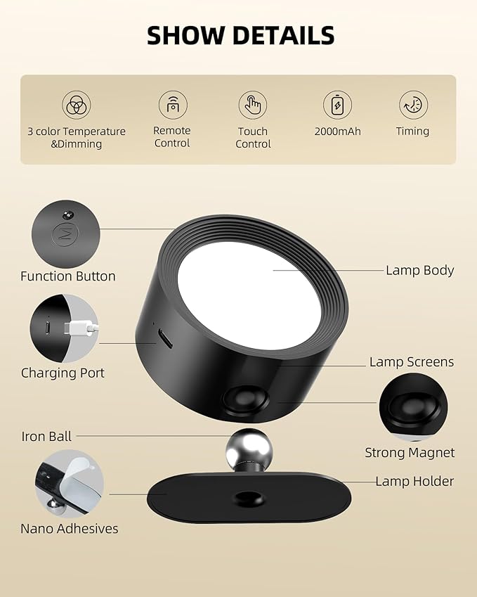 LED Wall Mounted Lights,Rechargeable Wall Sconces Lamp for Bedroom,3 Color Temps & Remote and Touch Control,360°Rotation Dimmable Cordless (2 Pack)