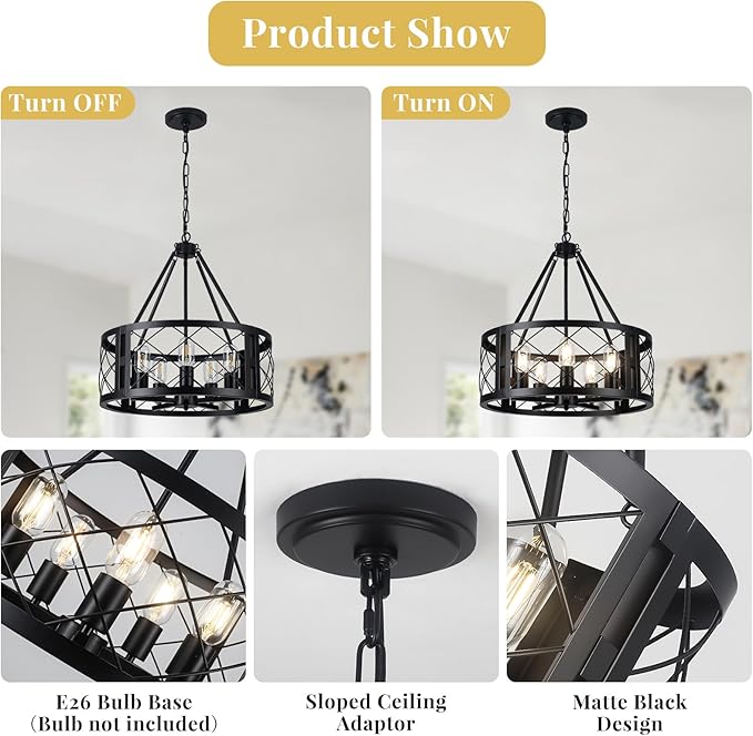 5-Light Farmhouse Chandelier 19.8" Black Rustic Chandelier for Dining Room Wood Texture Adjustable Pendant Light Fixture for Kitchen Island Entryway Bedroom Hallway