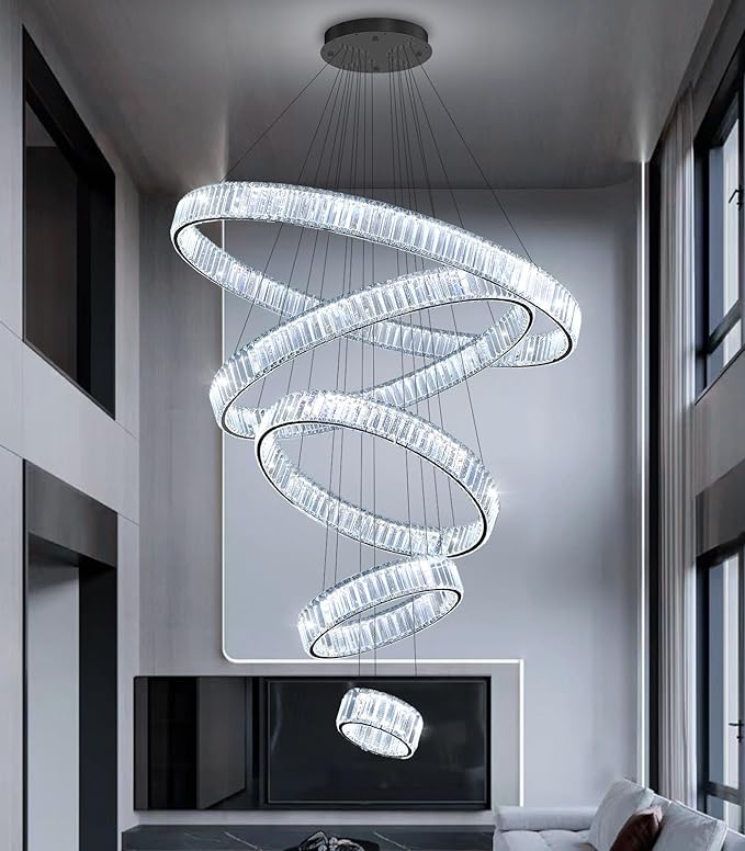 Large Ring Crystal Chandelier Modern Dimmable Chandelier High Ceiling Chandelier Round LED Ceiling Light Fixture for Foyer Long Stair Big Chandelier Black 8''+16''+24''+32''+40''