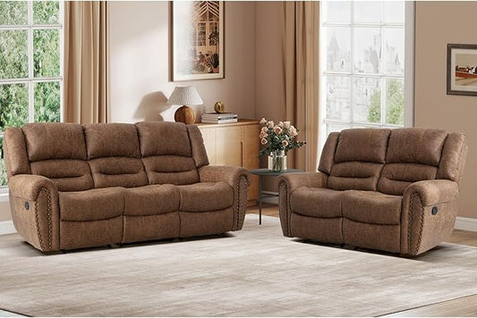 EBELLO Manual Recliner Sofa Set, Faux Leather Reclining Living Room Set, Included Loveseat Manual Recliner Sofa and 3 Seat Sofa, Brown(Loveseat+Sofa)