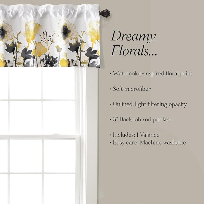 Lush Decor Zuri Flora Room Darkening Valance Curtain Single 52" W x 18" L + 2" Header Yellow & Gray - Valances for Windows - Floral Kitchen Curtains